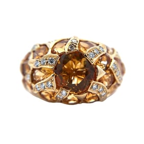 18K Yellow Gold Cocktail Ring with Oval & Round Citrine and Diamond