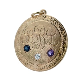 14K Gold Engraved Initials Pendant with Gemstones, 14K Gold
