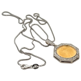 Gold $5 Dollar Coin 1/10oz Pendant with Diamond and Necklace in 14K Two-Tone Gold
