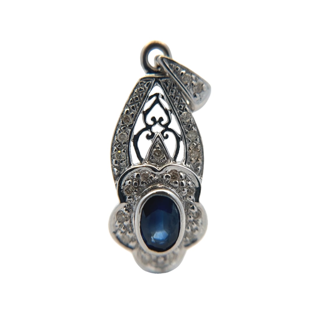 Sapphire and Diamond Pendant, 14K White Gold: 14K white gold pendant with center oval blue sapphire, apx. 7mm x 5mm, with accent diamonds at 0.40ctw, 1.25"L, 4.39 grams