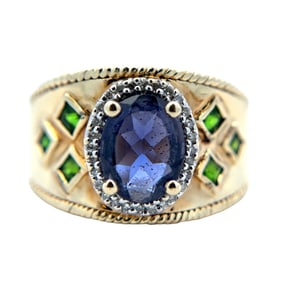 Oval Iolite, Garnet and Diamond Ring, 14K Gold
