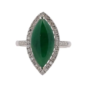 Marquise Jade and Diamond Halo Ring in 18K White Gold