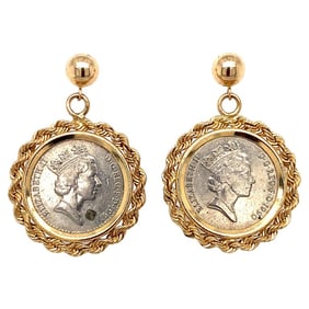1990s Five British Pence Coin Earrings with Rope Frames in 14K Gold