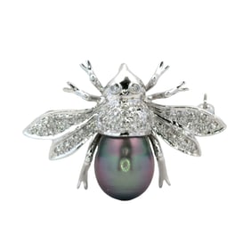 Tahitian Pearl and Diamond Bee Brooch in 14K White Gold