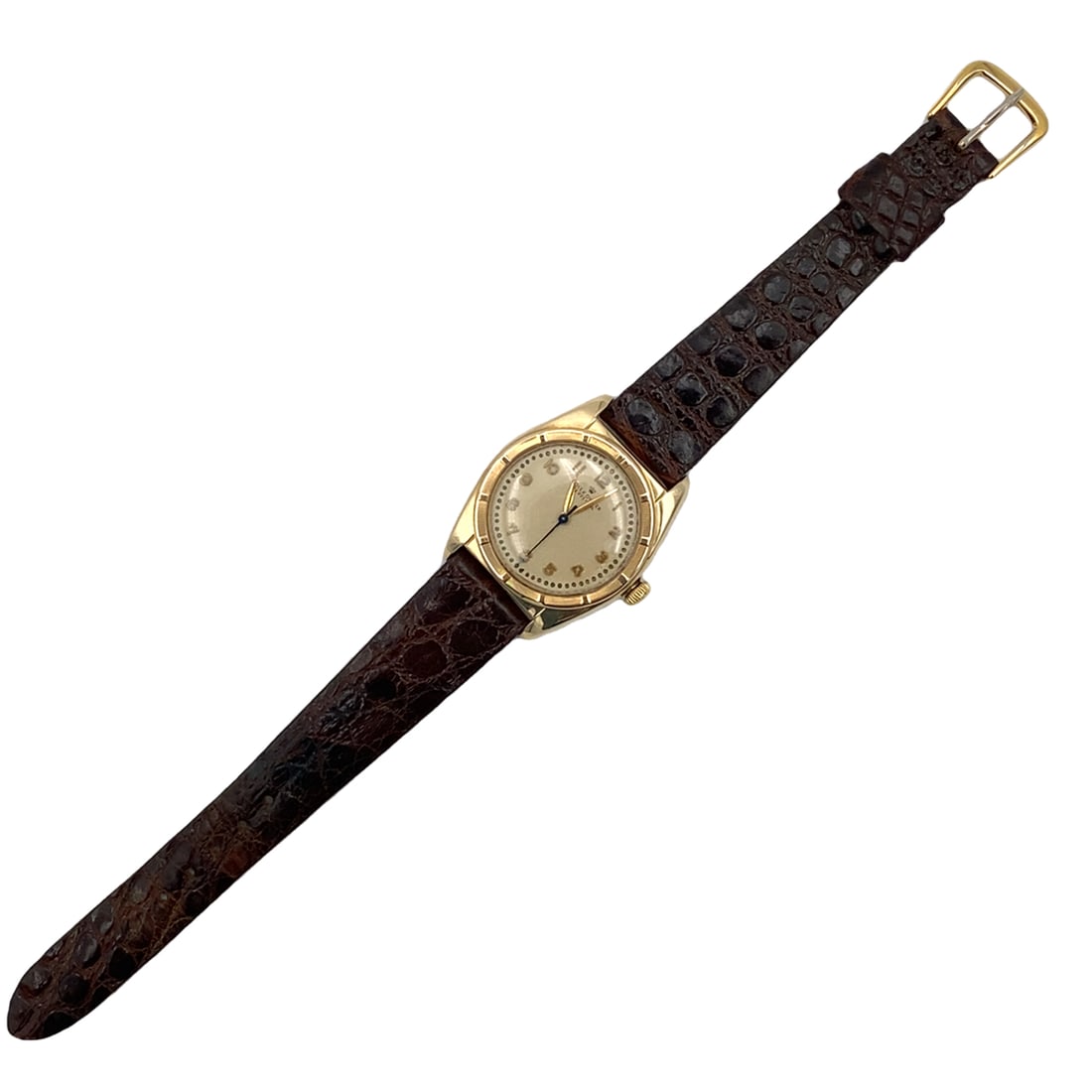 1940s Rolex Oyster Perpetual Ivory Dial Wristwatch: 1940s Rolex Oyster Perpetual wristwatch, Ivory dial, unisex, bubble back case, genuine alligator band, Arabic numerals Measurement: 9" length, Case size: 34 mm including crown, Weight: 45.7 grams