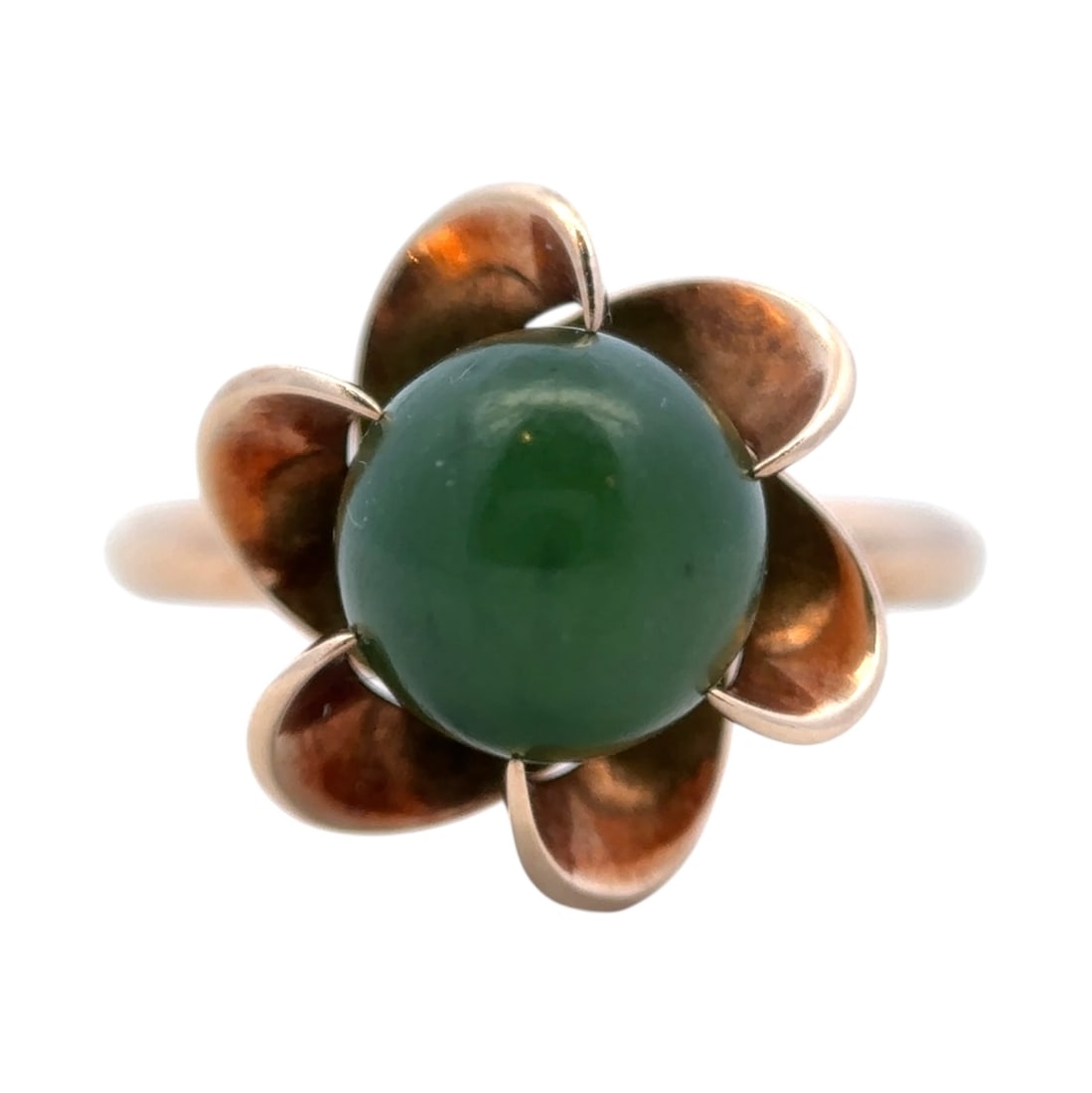 Jade Floral Ring in 18K Yellow Gold: Metal type: 18k yellow gold, Gemstones: Jade - 7.7 mm Diameter, Design: Floral ring, Size: US 6.25, Weight: 3.0 grams