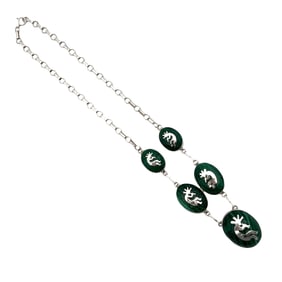 Native American Signed Malachite Kokopelli Necklace in Sterling Silver