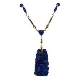 Antique 14K Yellow Gold Carve Lapis Lazuli Pendant and Necklace