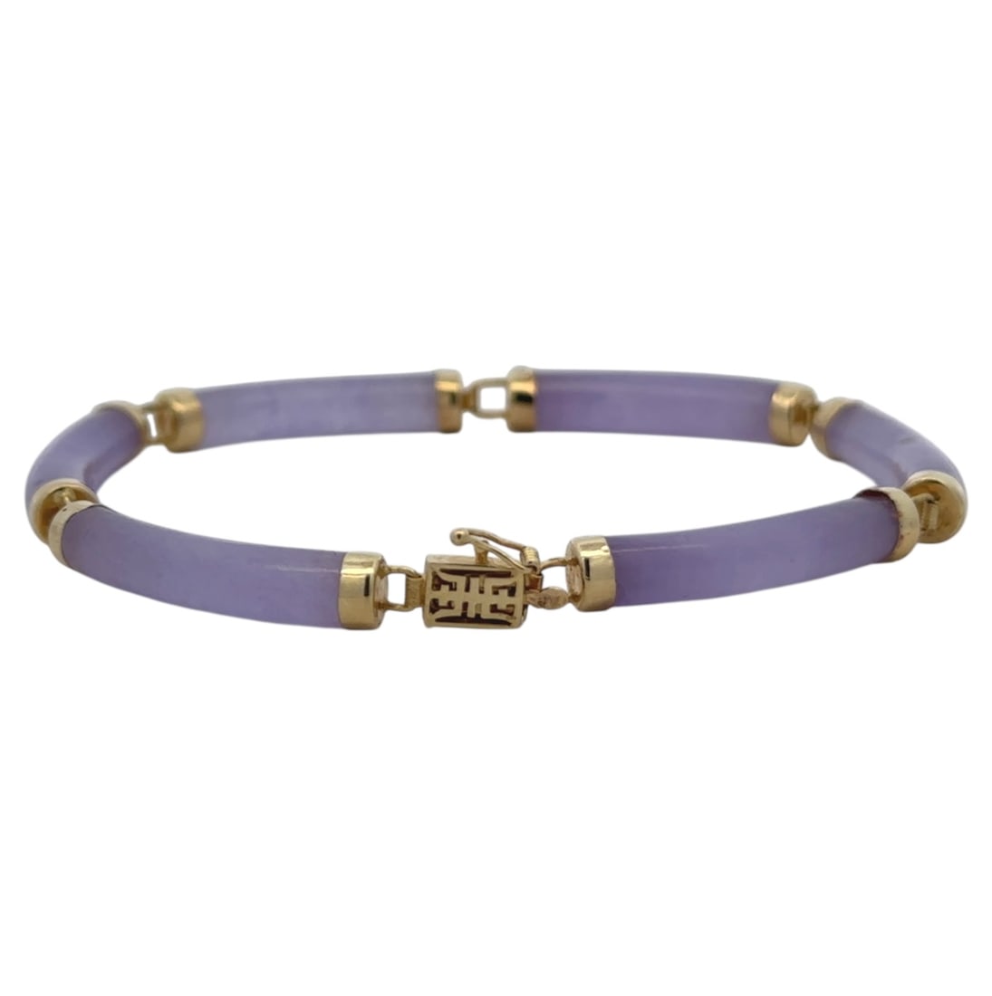 Lavender Jade Bracelet in 14K Yellow Gold: Metal type: 14k yellow, Gemstone: Lavender jade, Measurement: 7" Length, Weight: 9.9 grams, Important: The safety of the box clasp does not fit, sold as is