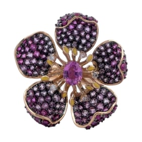 14K Yellow Gold Flower Ring with Pink Sapphires and Diamonds