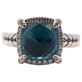 David Yurman Chatelaine Pavé Bezel Ring with Blue Topaz and Diamond in Sterling Silver