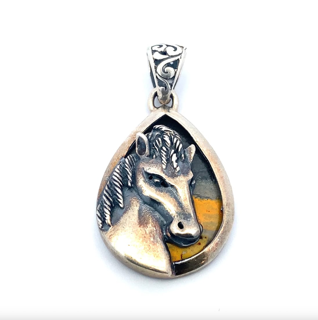 Sterling Silver Horse Jasper Pendant: Sterling silver jasper equestrian horse pendant, 6.8 grams