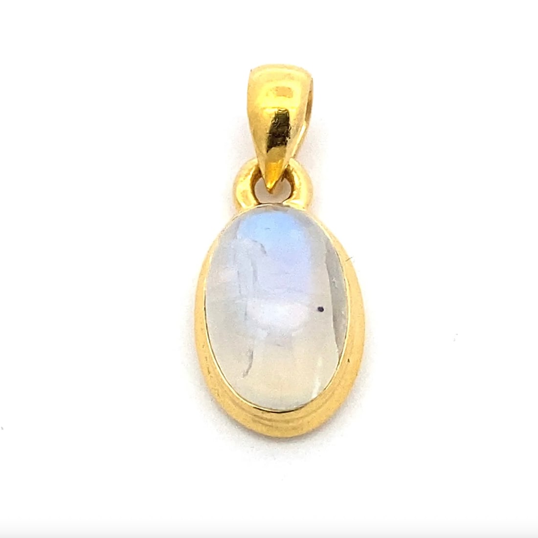 Moonstone Pendant in Gilt-Silver: Metal type: Gilt-silver, Stone: Moonstone, Measure: 21mm length including bail, Weight: 2.1 grams
