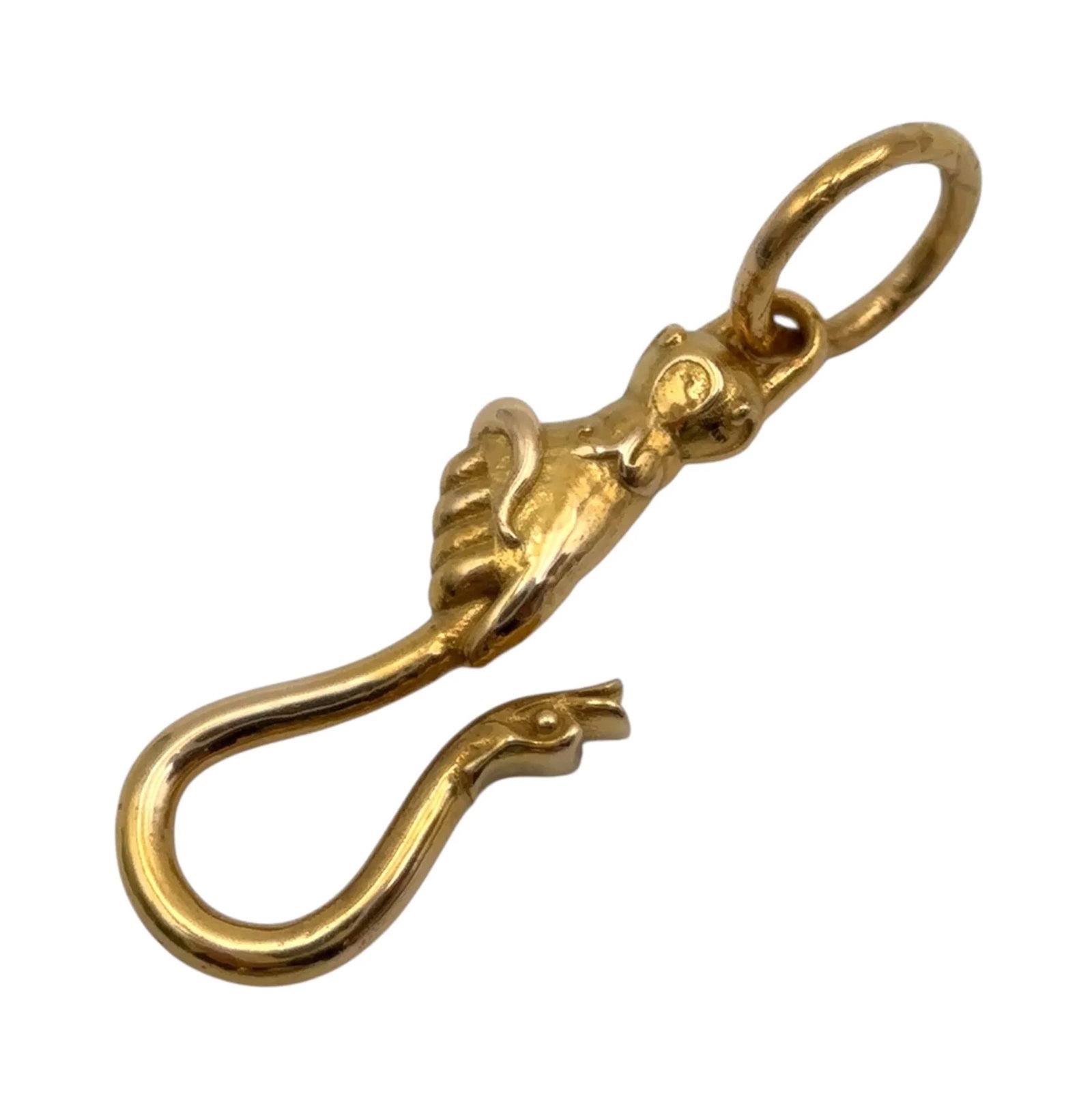 Hand Holding Snake Pendant in 14K Yellow Gold: Metal type: 14k yellow gold, Design: Hand holding snake pendant, Measurement: 1.25" Length including bail, Weight: 2.6 grams