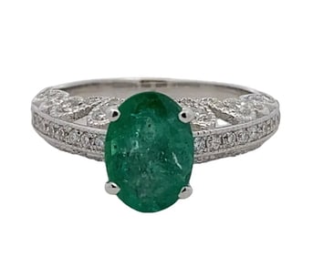 Single Emerald and Diamond Ring in 14K White Gold