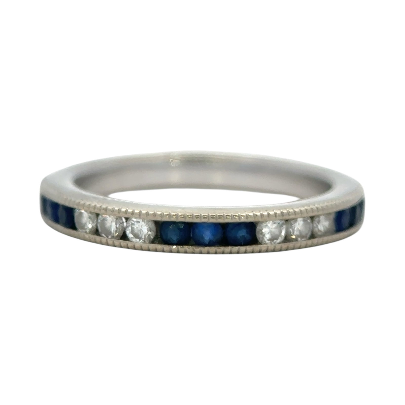 Sapphire and Diamond Band Ring in 14K White Gold: Metal type: 14k white gold, Gemstones: Sapphire and diamond, Design: Band with milgrain detailing, Size: 4, Weight: 3 grams