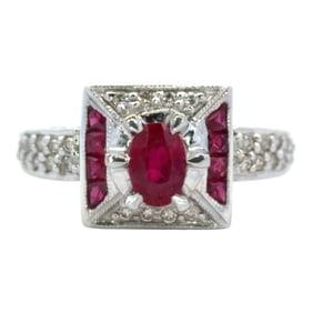 Oval Ruby and Diamond Ring, 14K White Gold