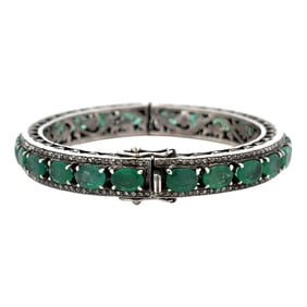 Diamond and Natural Diamond Hinged Bangle in Sterling Silver