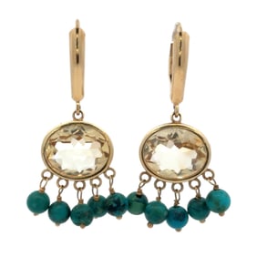 1960s Oval Citrine and Turquoise Bead Dangle Earrings in 14K Yellow Gold