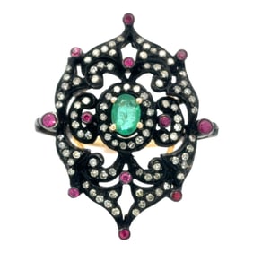 Diamond, Ruby and Emerald Cocktail Ring in 14K Yellow Gold and Silver