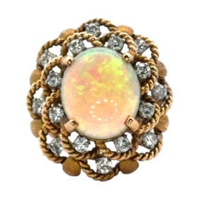 Opal and Diamond Yellow Gold Floral Ring