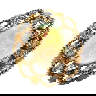 Opal and Diamond Yellow Gold Floral Ring: Metal type: 14k yellow gold, Gemstones: Opal - approximately 11 x 13 mm and 1.2 carats round diamond, Size: US 5.5, Weight: 8.6 grams
