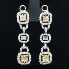 1980s White and Yellow Diamond Dangle Earrings in 18K White Gold