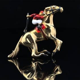 Diamond and Enamel Horse and Jockey Equestrian Pin Brooch in 18k Yellow Gold