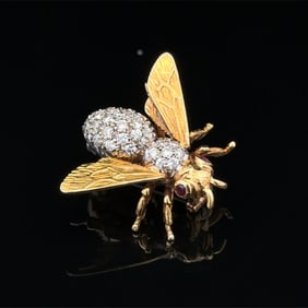 Circa 1960s Diamond and Ruby Bee Pin in 18k Yellow Gold