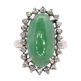 1950s 3 Carat Jade and Diamond Ring in 14K White Gold