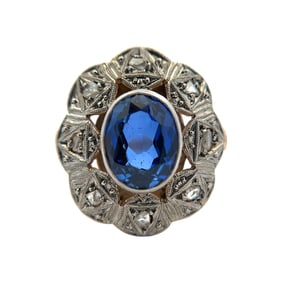 Circa 1940s Synthetic Sapphire and Diamond Ring in 14K Two Tone Gold