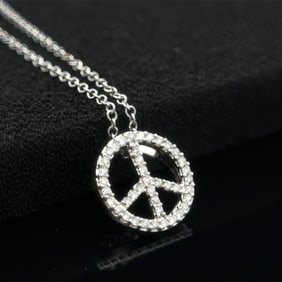 Peace Sign Pendant with Diamond and Chain in 14K White Gold