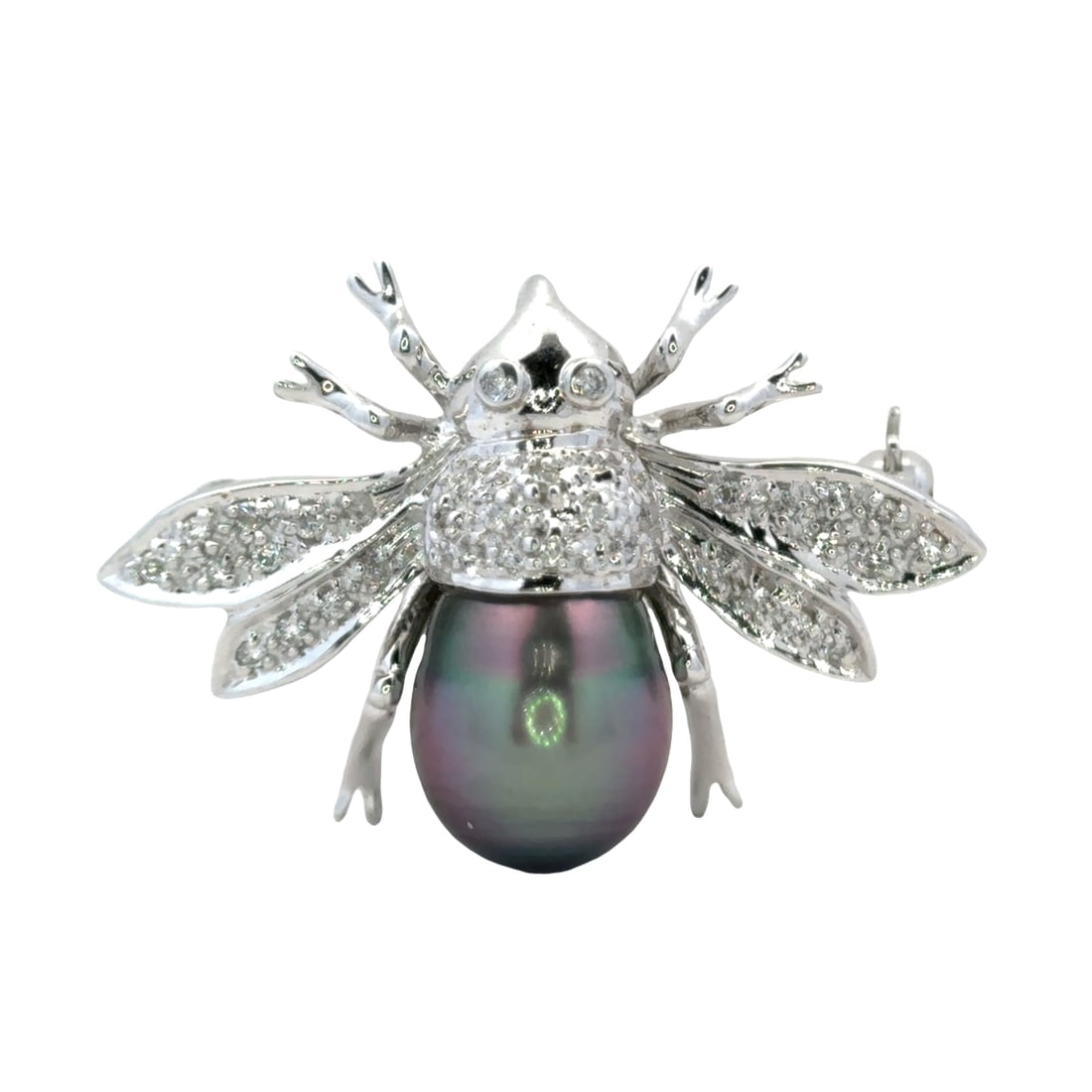 Tahitian Pearl and Diamond Bee Brooch in 14K White Gold: Metal type: 14k white gold, Gemstones: Tahitian pearl and pavé diamond, Design: bee brooch, Measurement: 1.25" Length, Weight: 7.4 grams