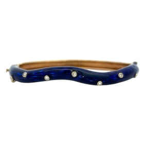 Estate Diamond and Blue Enamel Bangle Bracelet in 14K Yellow Gold
