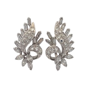 1940s 2 Carat Total Diamond, White Gold Floral Leaf Screw Clip-On Earrings