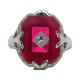 Vintage Synthetic Ruby and Diamond Ring in 18K White gold