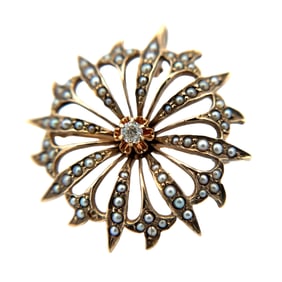 Antique Seed Pearl and Diamond Starburst Brooch, 9K Rose Gold