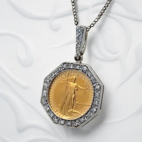 Gold $5 Dollar Coin 1/10oz Pendant with Diamond and Necklace in 14K Two-Tone Gold