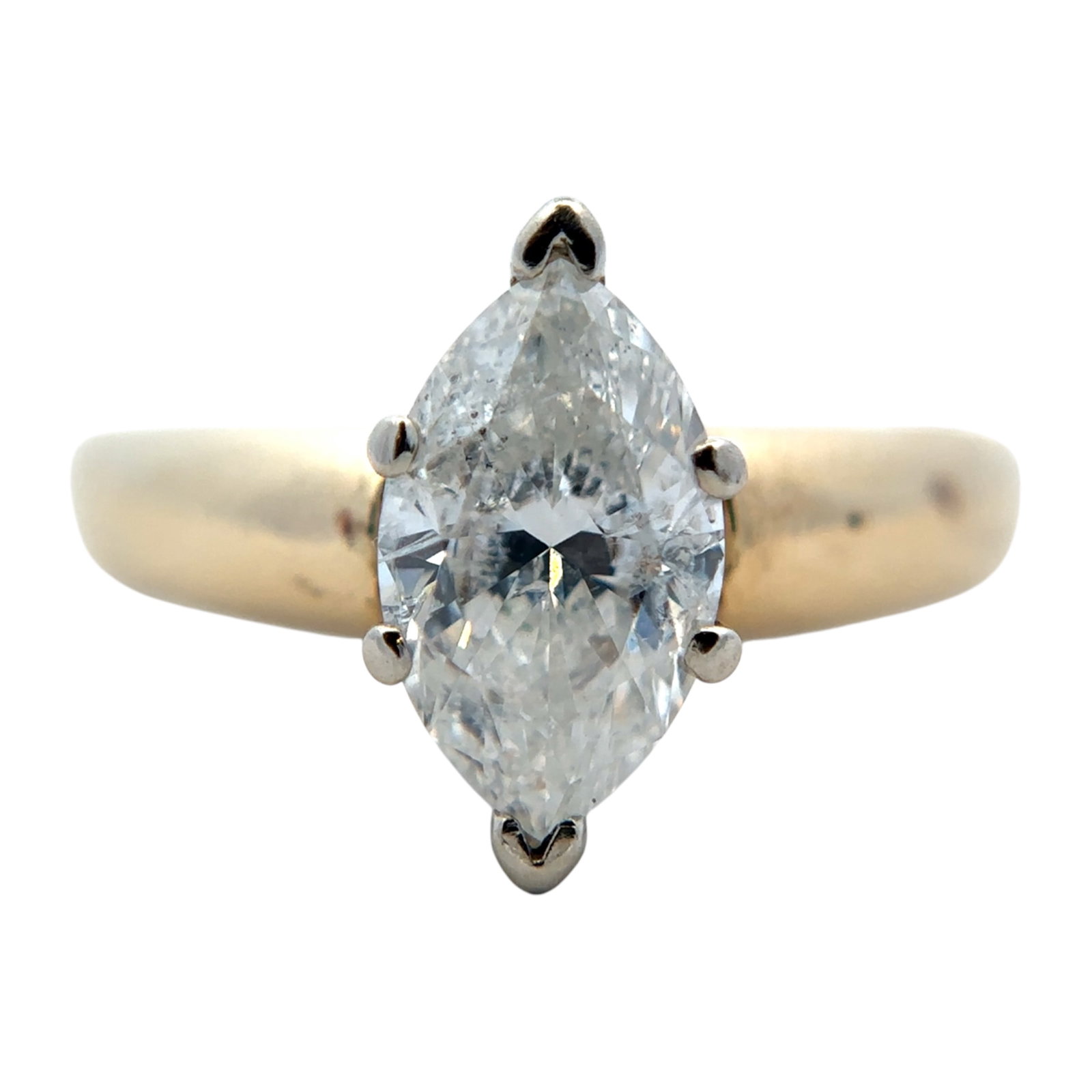 1.50ct Marquise Diamond Engagement Ring, 14K Gold: 14 karat yellow gold engagement ring with solitaire marquise diamond, 1.50 carats, J/K color I1 clarity. Size US 7.5, 5.2 grams.
