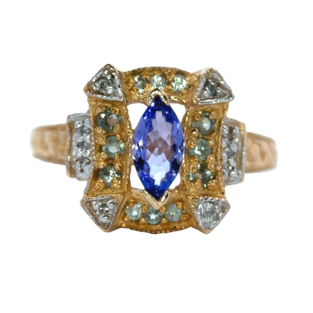 14K Yellow Gold Tanzanite, Aquamarine and Diamond Ring: 5 grams of 14K Yellow Gold. Size 9.5 (easily sizeable). Vivid Marquise Tanzanite Center, surrounded by aquamarine and diamond accents