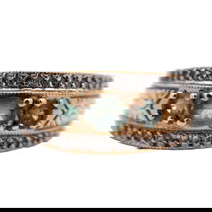 Three Stone Green Gemstone and Diamond Ring, 14K Gold: Metal type: 14k yellow and white gold, Gemstones: Green gemstones and accent diamonds, Size: 7.5, Weight: 7.67 grams