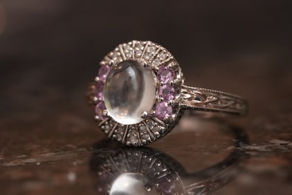Vintage Moonstone Diamond and Pink Topaz 14K White Gold Ring