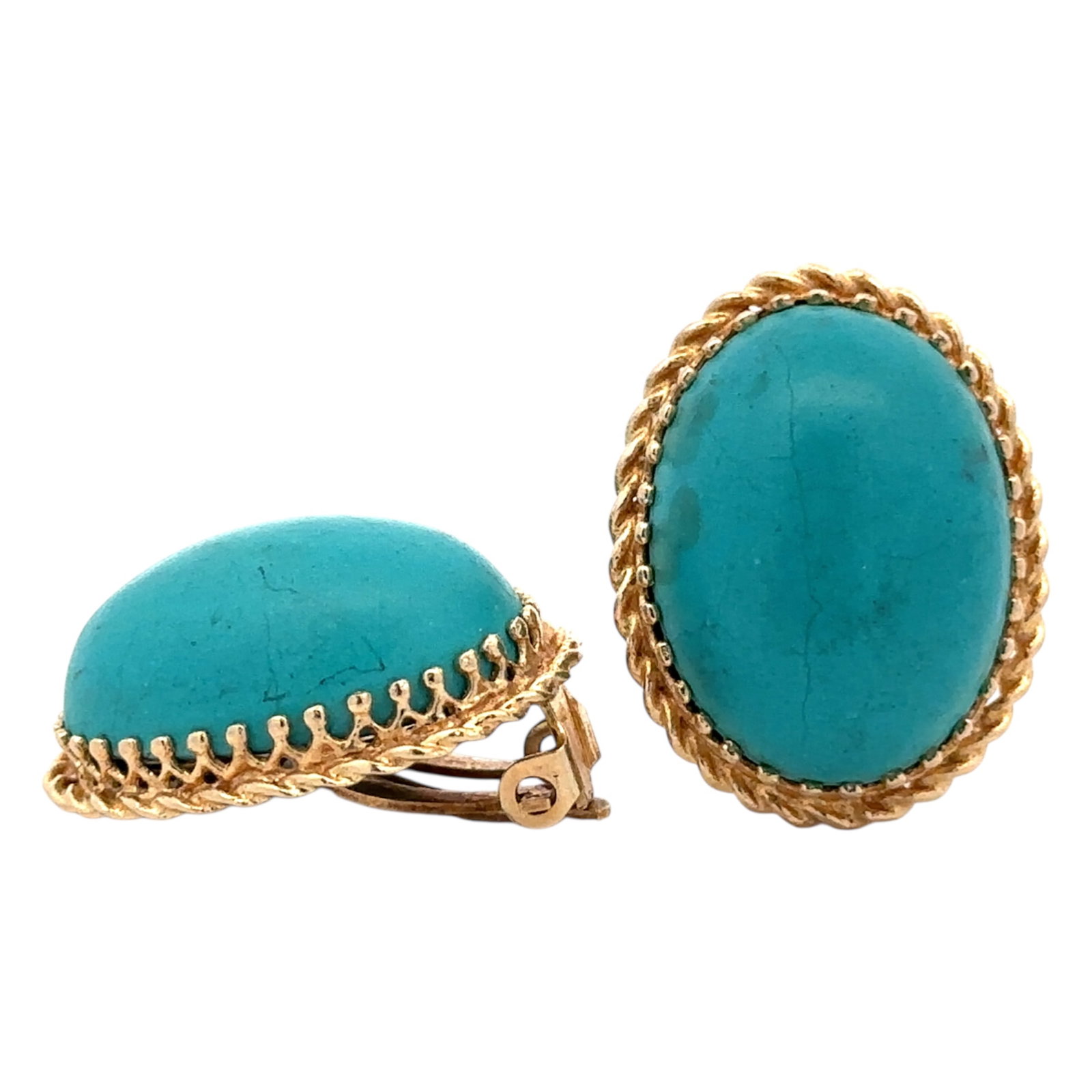 Oval Turquoise Earrings in 14 Yellow Gold: Metal type: 14k yellow gold, Gemstone: Oval turquoise - approximately 15 x 20 mm, Design: Clip on earrings, Measurement: 24 mm Length, Weight: 11.5 grams