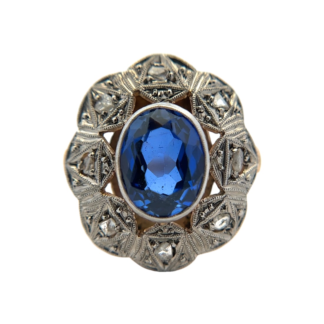 Circa 1940s Synthetic Sapphire and Diamond Ring in 14K Two Tone Gold (1 of 6)