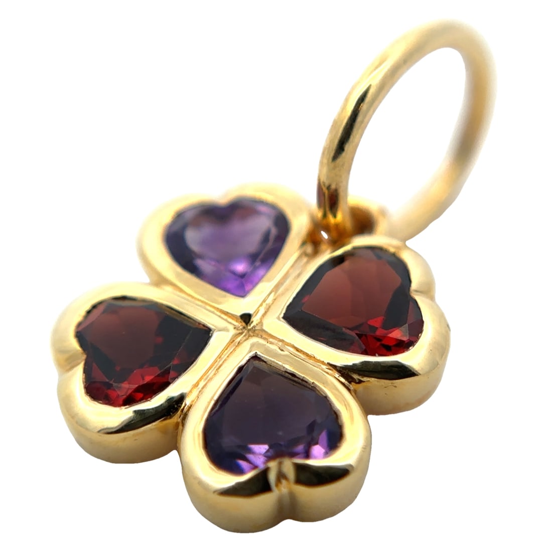Garnet and Amethyst 4 Leaf Clover Pendant in 14K Yellow Gold: Metal type: 14k yellow gold, Gemstones: Garnet and amethyst, Design: 4 leaf clover pendant, Measurement: 1.4 cm L x 2.5 cm H including bail, Weight: 2.8 grams