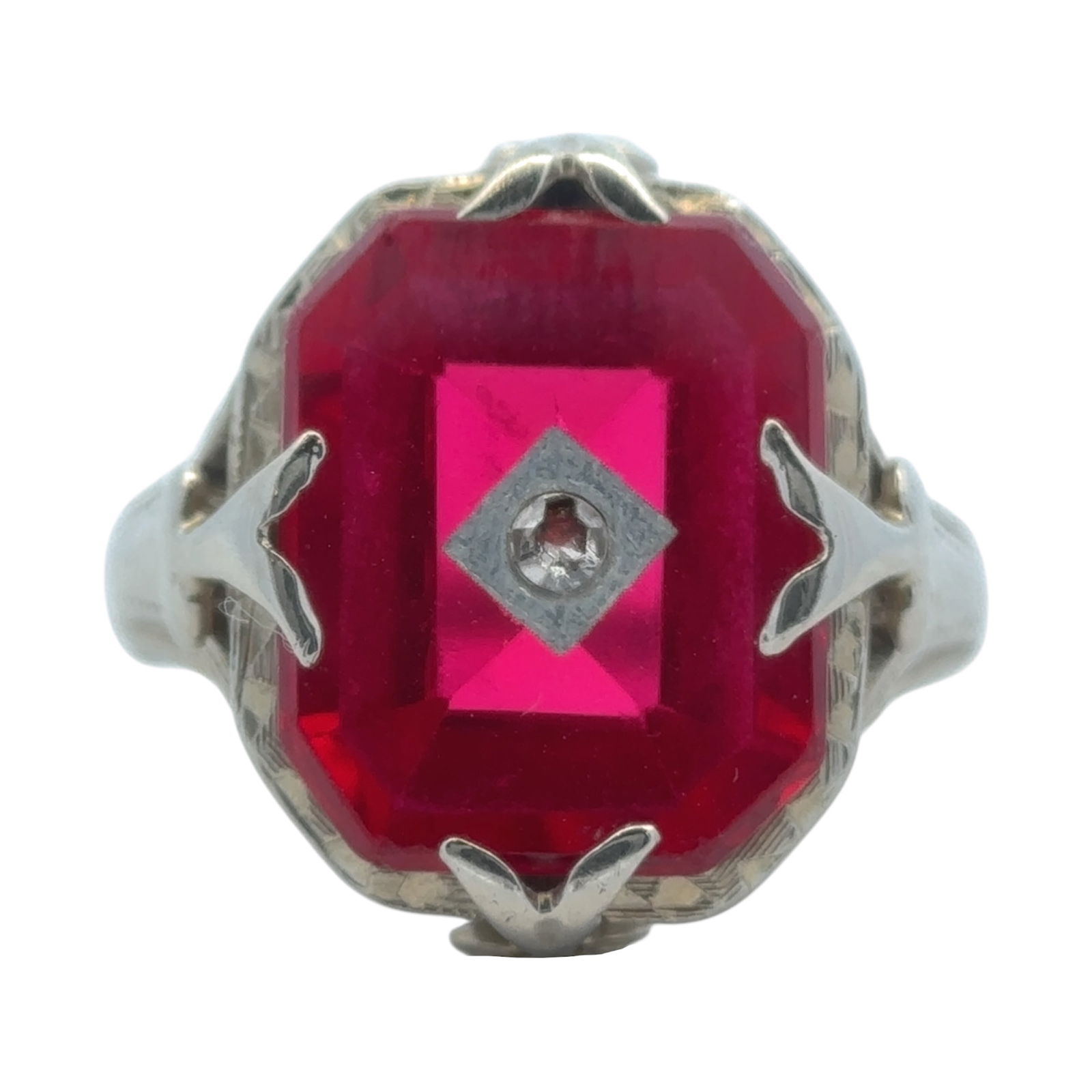 Vintage Synthetic Ruby and Diamond Ring in 18K White gold (1 of 6)