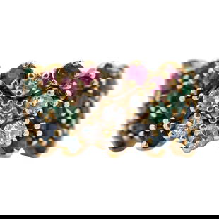 Tutti-Frutti Diamond, Ruby Emerald and Sapphire Band Ring in 14K Gold: Metal type: 14k yellow gold, Design: Tutti-frutti band ring, Gemstones: Diamond, Ruby, Emerald and Sapphire, Size: 5.5, Weight: 8.2 grams