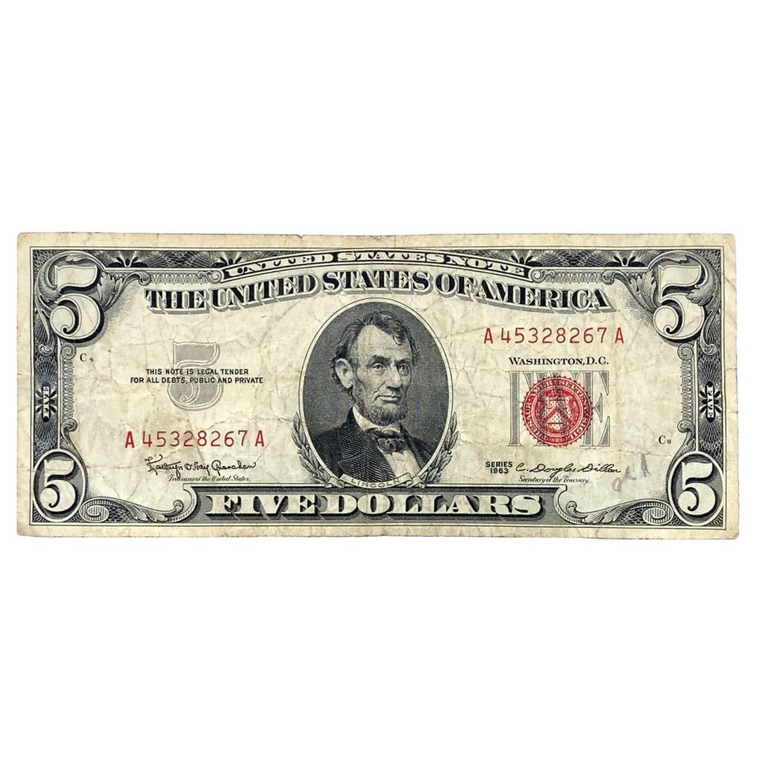 1963 $5 Five Dollars Red Seal Bill Ungraded, Circulated: 1963 $5 five dollars red seal bill ungraded, circulated, Type: Banknotes
