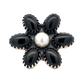 Flower Ring with Onyx and Pearl in Sterling Silver