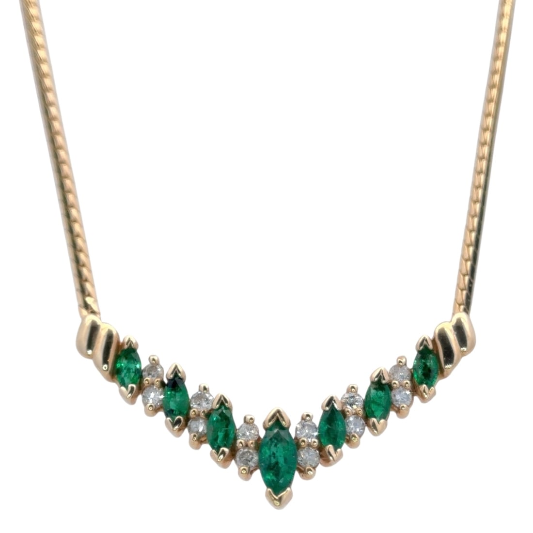 Natural Emerald and Diamond Necklace in 14K Yellow gold: Estate, Metal type: 14k yellow gold, Gemstones: Natural emerald and .35ct diamond, Measurement: 17" Length, Weight: 6.7 grams